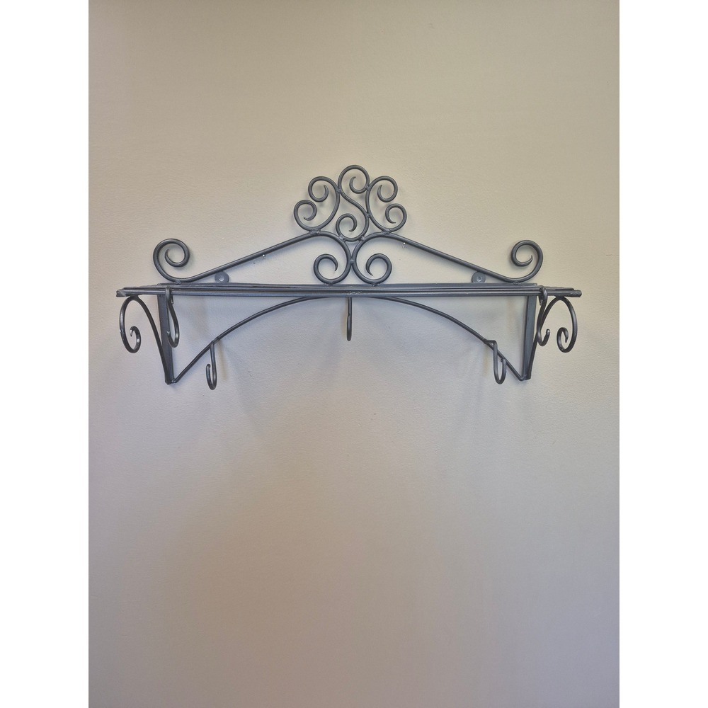 Wrought Iron 24" Wall Mount Pot Rack Shelf Scrollwork Kitchen Organizer Black